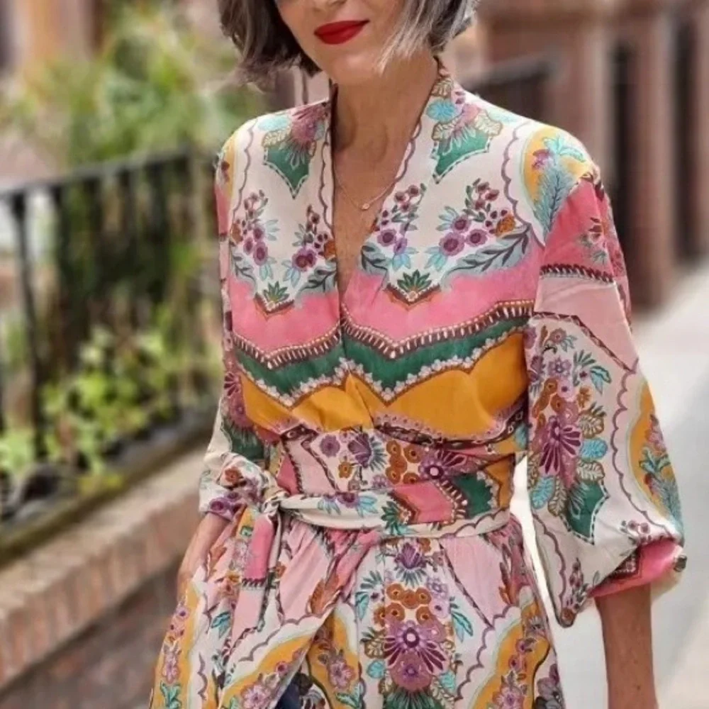 ZARA MIDI WRAP Moroccan FLORAL PRINT DRESS Hot Pink Scarf influencer blogger